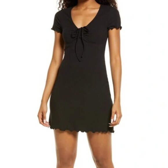 BP. Tie Front Lettuce Edge Mini dress In Black ribbed skater - Picture 1 of 6